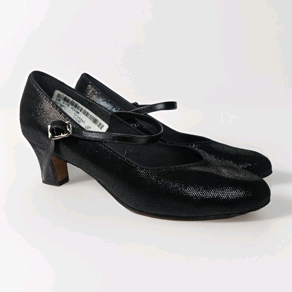 Vintage 90s Black Leather Glitter Mary Jane Round Toe Formal Dress Shoe 10.5 W